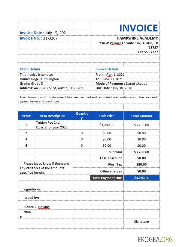 Modèle de facture de frais de scolarité 1 template